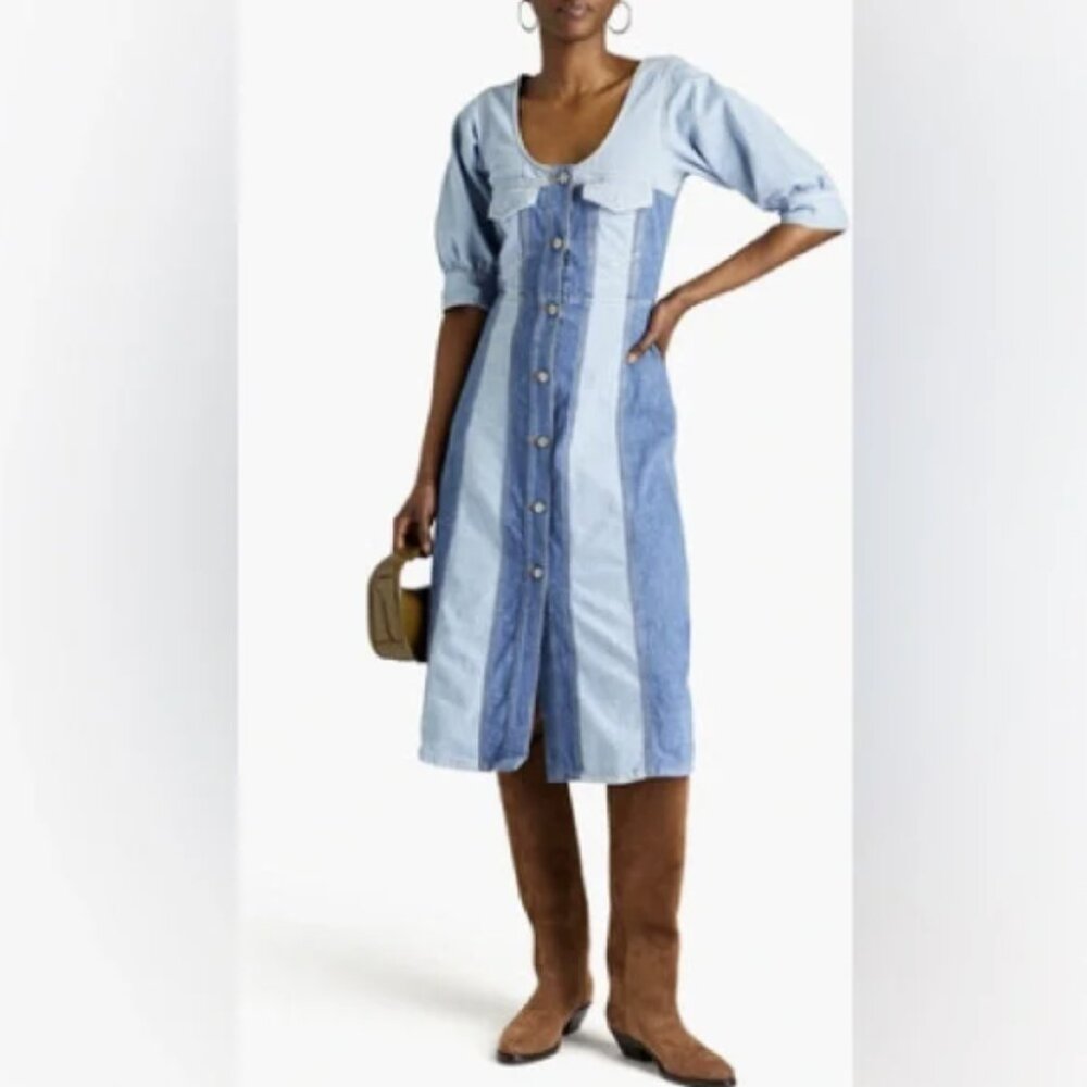 GANNI Cutline Bleach Two-Tone Blue Denim Organic Cotton Midi Dress EU 38 US6 - Picture 3 of 16